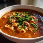Close-up of a steaming bowl of rich, tomato-based pasta e fagioli soup topped with fresh parsley.