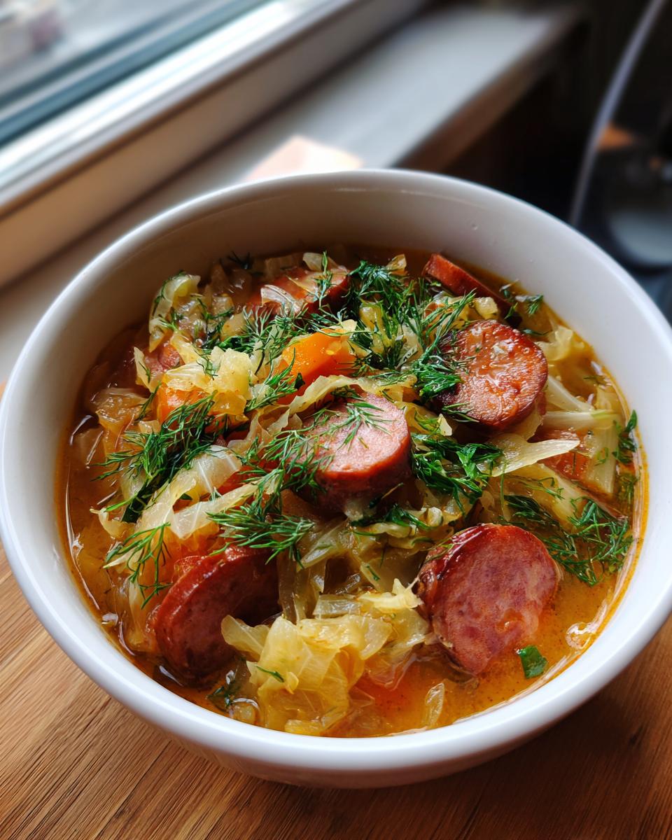 A close-up of a white bowl filled with rich sauerkraut soup, featuring sliced smoked sausage and fresh dill.
