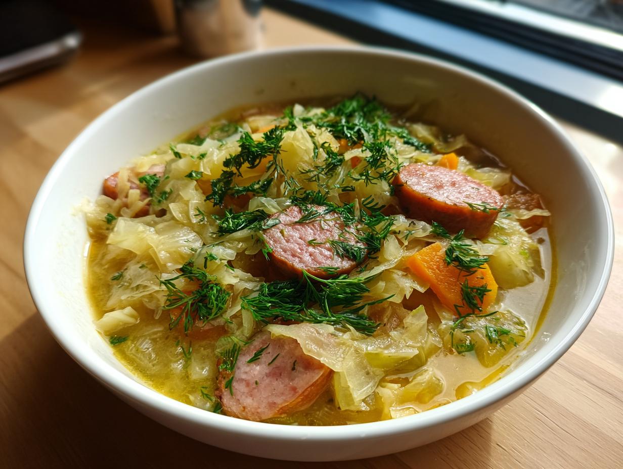 A close-up of a white bowl filled with steaming sauerkraut soup, featuring sliced sausage, carrots, and fresh dill.