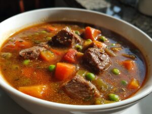 Close-up of a rich, steaming bowl of vegetable beef soup featuring large chunks of beef, carrots, and bright green peas.