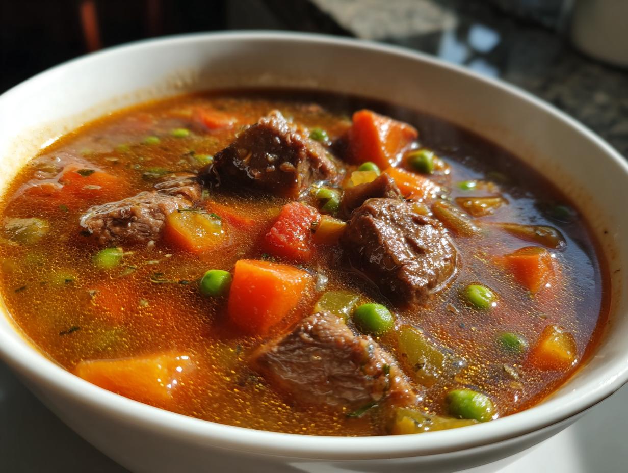 Close-up of a rich, steaming bowl of vegetable beef soup featuring large chunks of beef, carrots, and bright green peas.