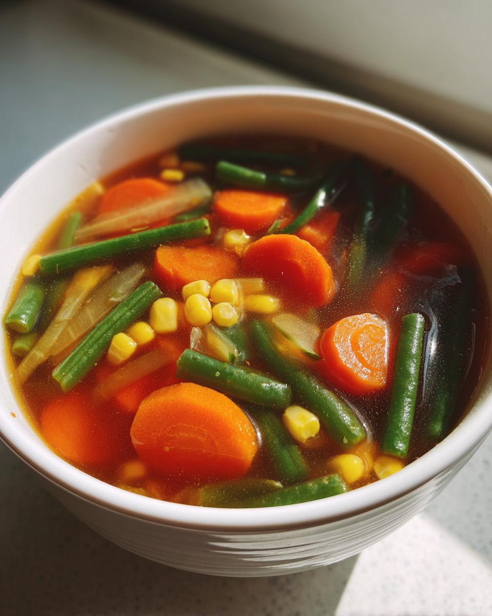 A close-up view of a white bowl filled with vibrant vegetable soup featuring sliced carrots, green beans, and corn kernels.