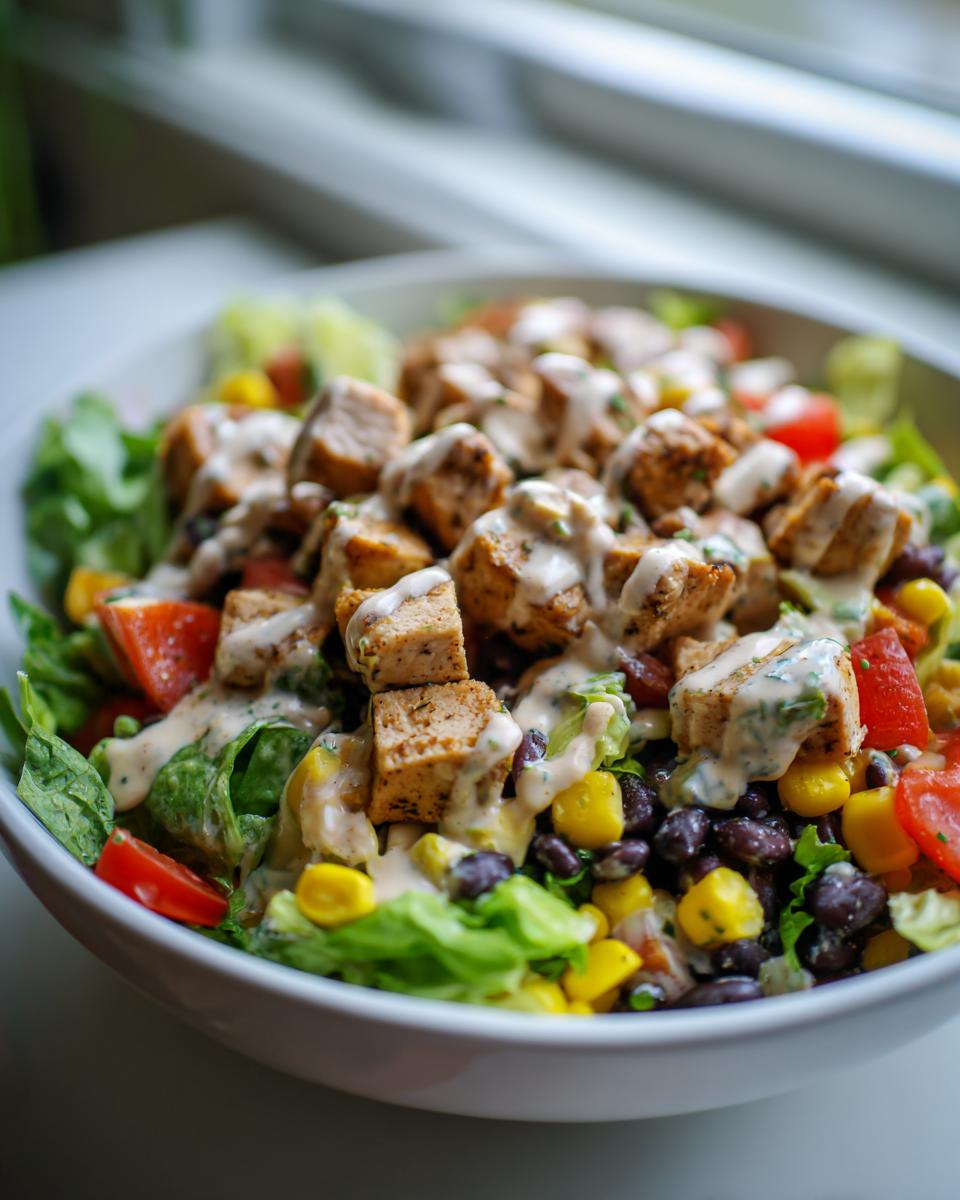 Close-up of a vibrant southwest chicken salad featuring seasoned chicken cubes, black beans, corn, tomatoes, and a creamy dressing.