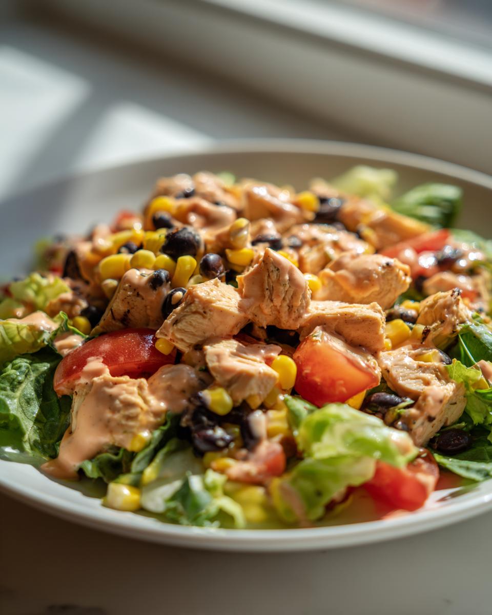 Close-up of a vibrant southwest chicken salad featuring grilled chicken, black beans, corn, tomatoes, and a creamy dressing.
