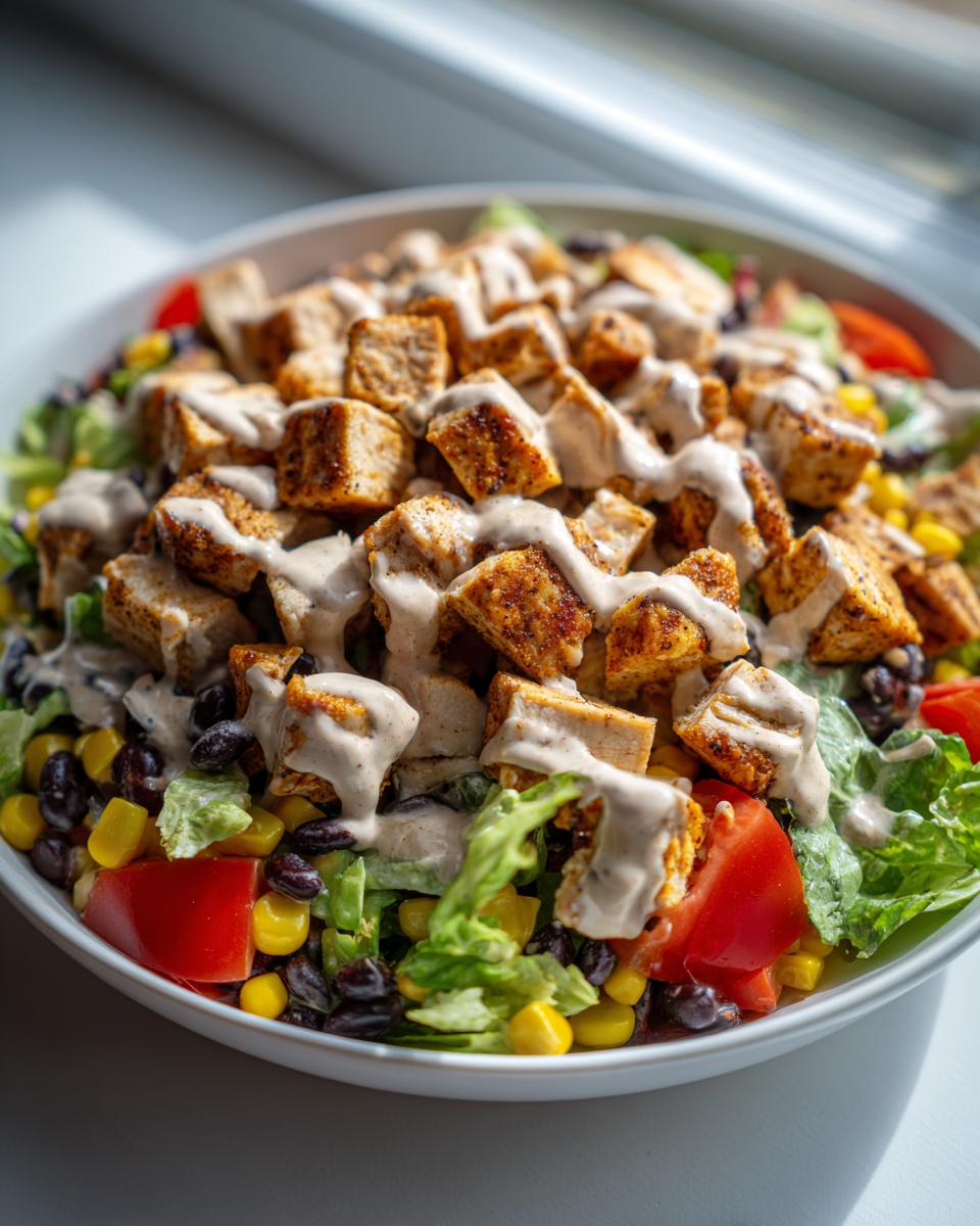 Close-up of a vibrant southwest chicken salad topped with seasoned chicken cubes and a creamy dressing.