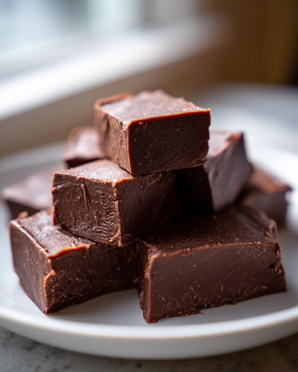 A stack of rich, dark chocolate fudge squares resting on a white plate, ready to eat.