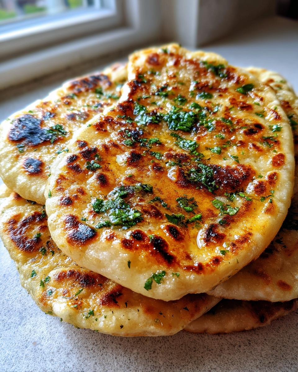 A stack of freshly cooked, golden naan bread brushed with melted butter and topped with chopped green herbs.