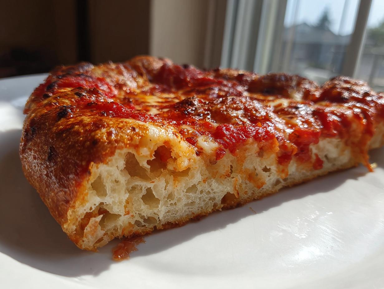 Close-up cross-section showing the airy, bubbly crumb structure of a slice of homemade pizza.