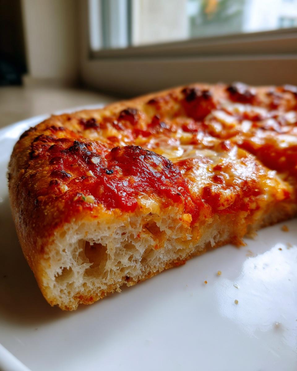 Close-up cross-section of a slice of homemade pizza showing the airy, bubbly crust texture.