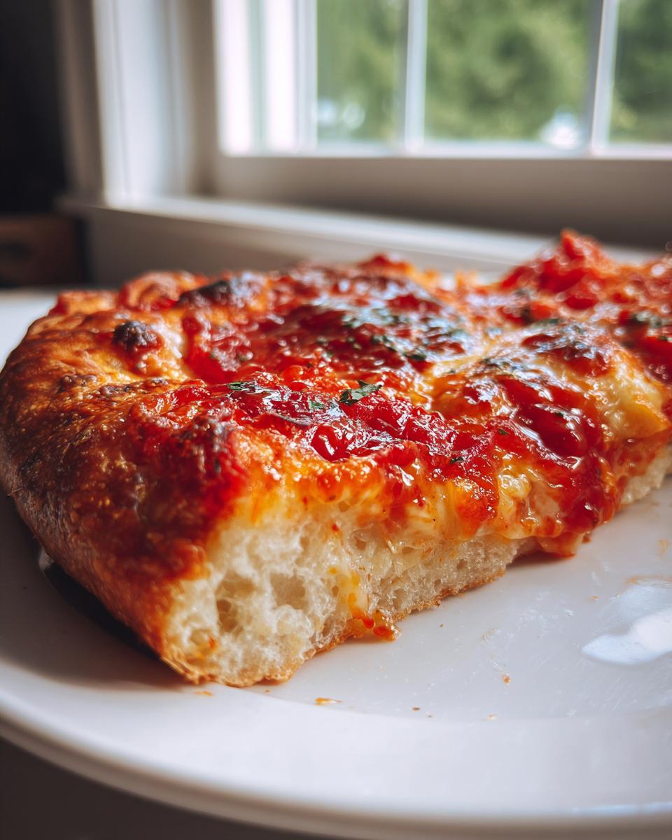 Close-up of a thick slice of homemade pizza showing the airy crumb structure and bright red tomato sauce.