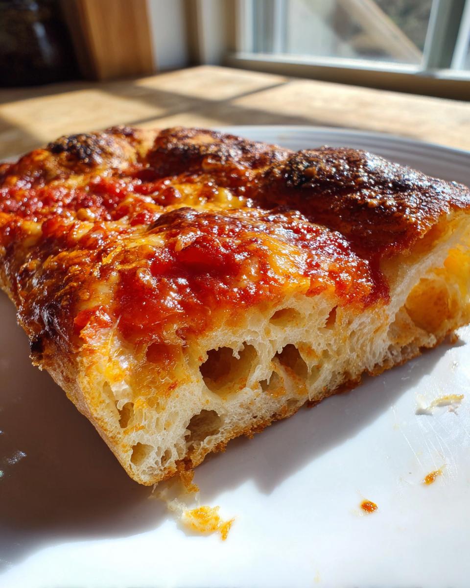Close-up of a thick slice of homemade pizza showing the airy, bubbly interior crust and caramelized cheese and sauce.
