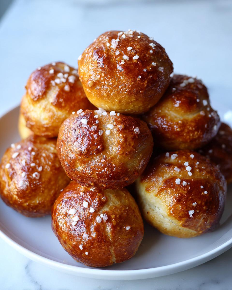 A stack of freshly baked, glossy pretzel bites topped with coarse salt, ready to eat.
