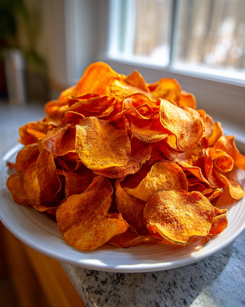 A large mound of golden-orange, crispy sweet potato chips piled high on a white plate.