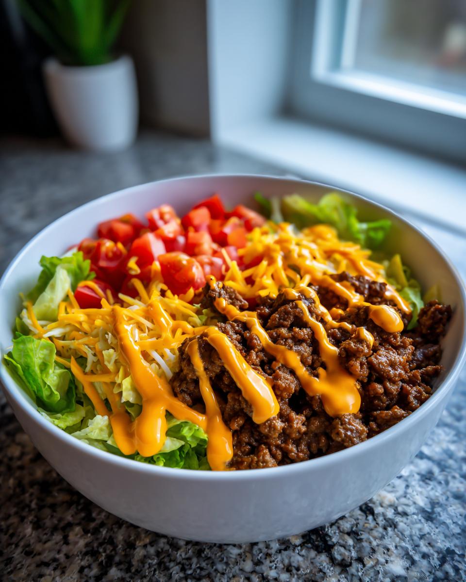 Close-up of a hearty taco salad with seasoned ground beef, lettuce, tomatoes, shredded cheese, and a drizzle of orange dressing.