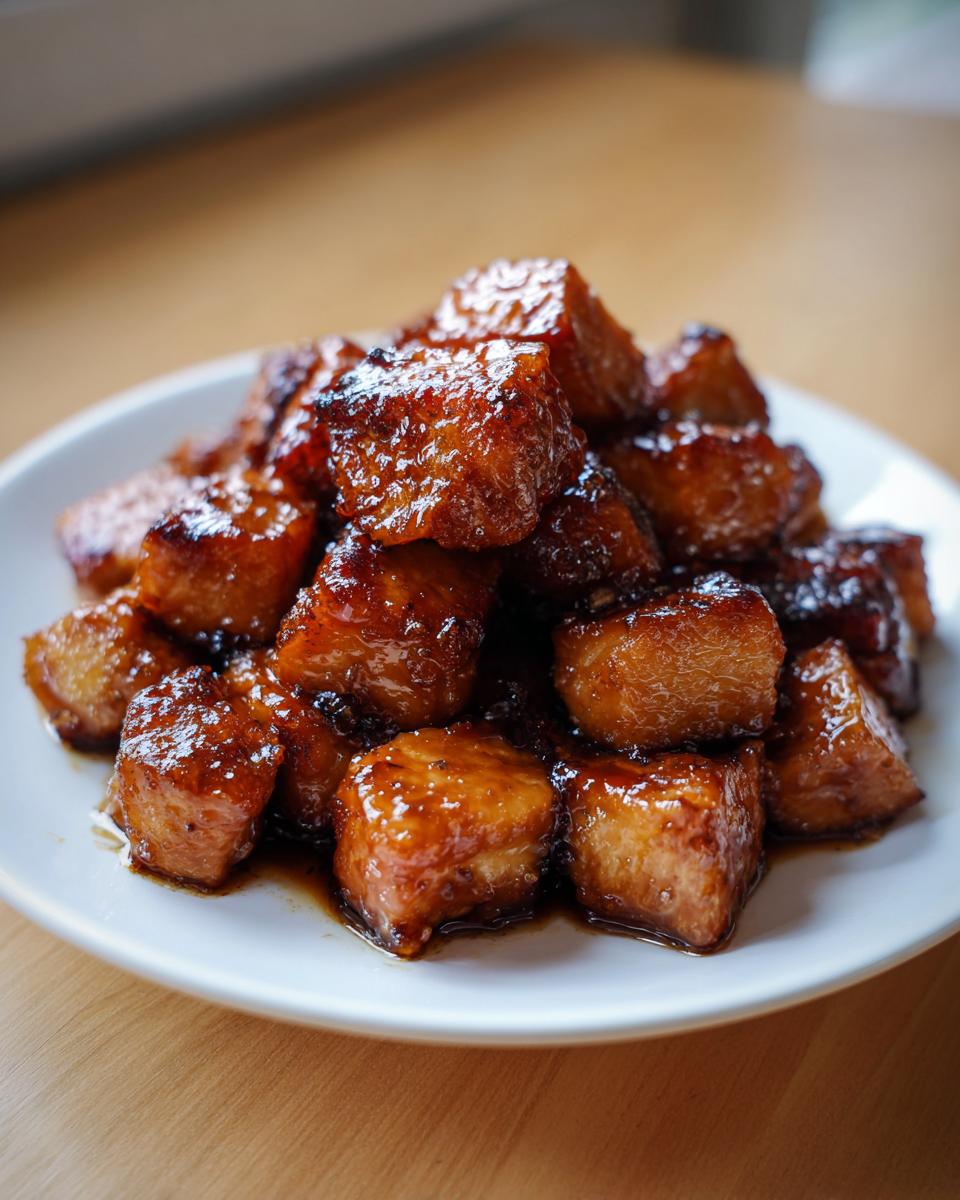 Close-up of shiny, caramelized honey garlic salmon bites stacked high on a white plate.