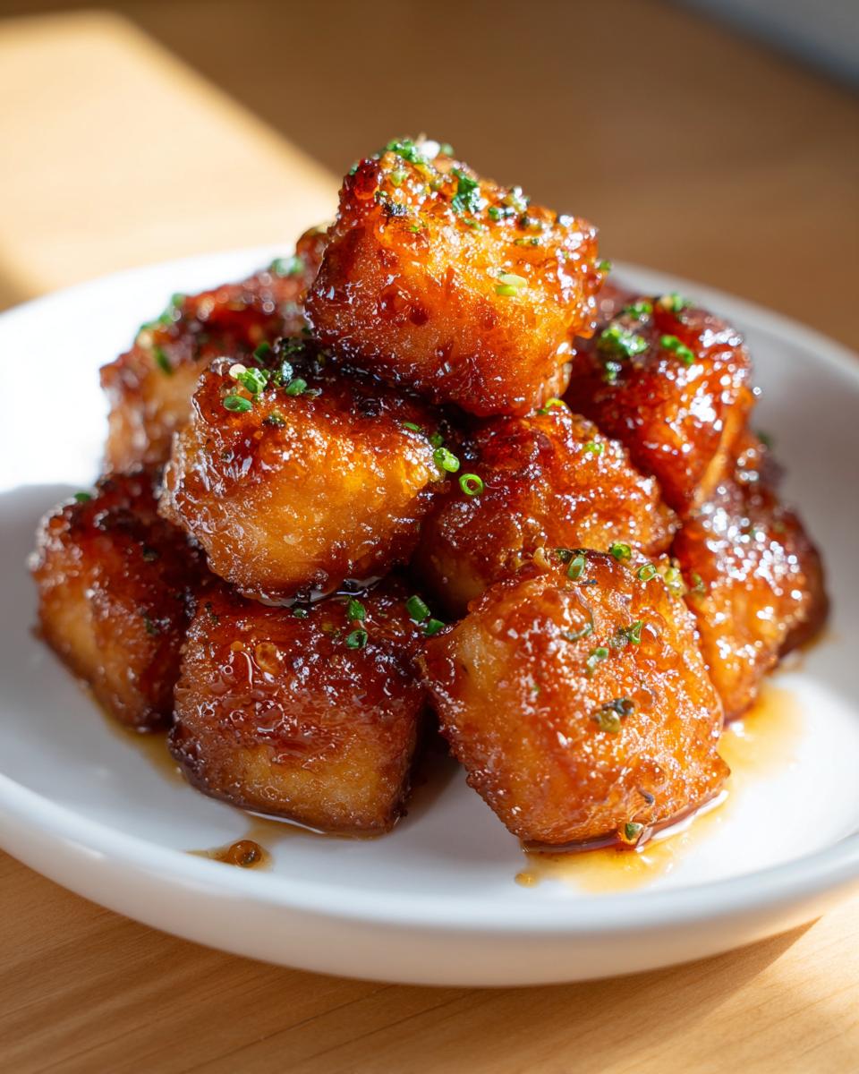 A close-up of glistening, caramelized honey garlic salmon bites stacked high and garnished with fresh chives.