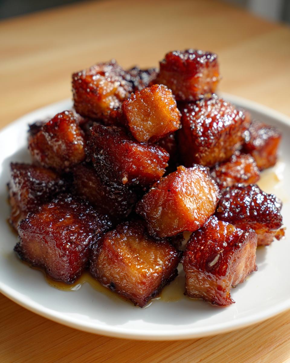 A pile of glossy, caramelized honey garlic salmon bites served on a white plate.