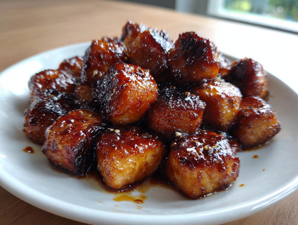 Close-up of caramelized, glossy honey garlic salmon bites piled high on a white serving dish.
