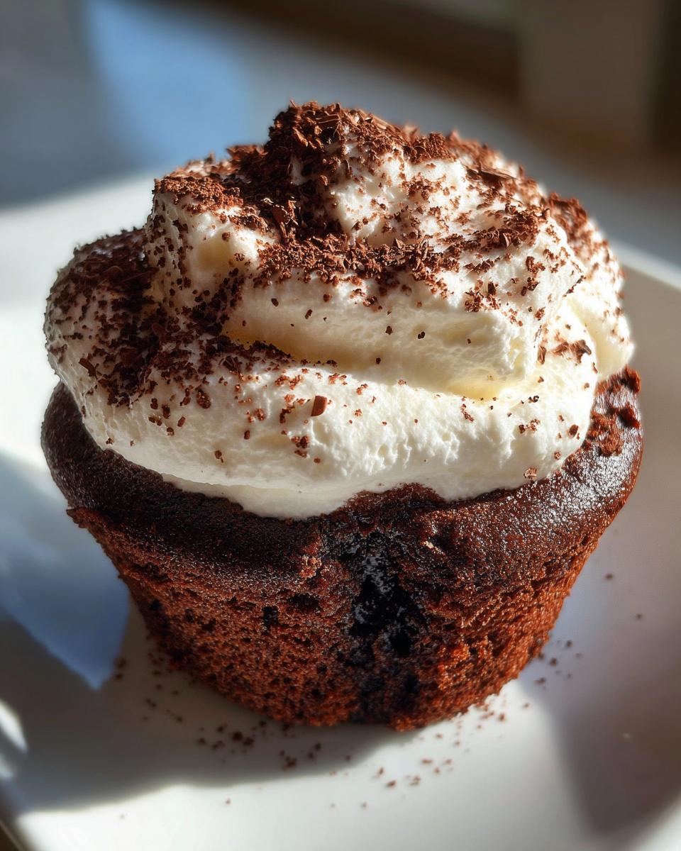 Close-up of a dark chocolate hot chocolate cupcake topped with a swirl of white whipped cream and chocolate shavings.
