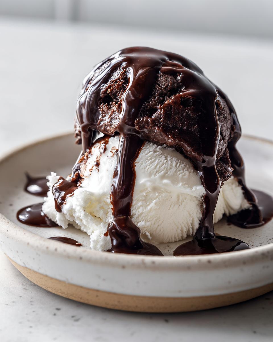 Two scoops of ice cream, one vanilla and one chocolate brownie, generously covered in rich chocolate sauce recipe.