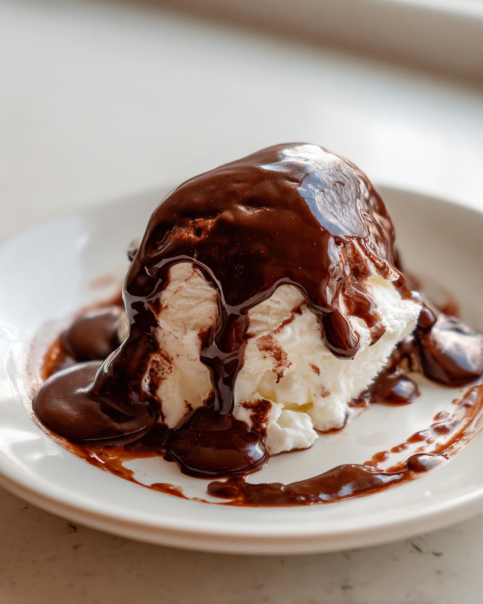 Scoop of vanilla ice cream generously covered in rich, glossy chocolate sauce recipe.
