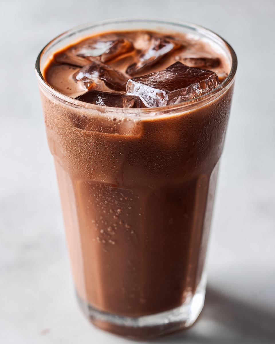 A tall glass filled with rich, cold chocolate milk and several large ice cubes, showing condensation on the glass.