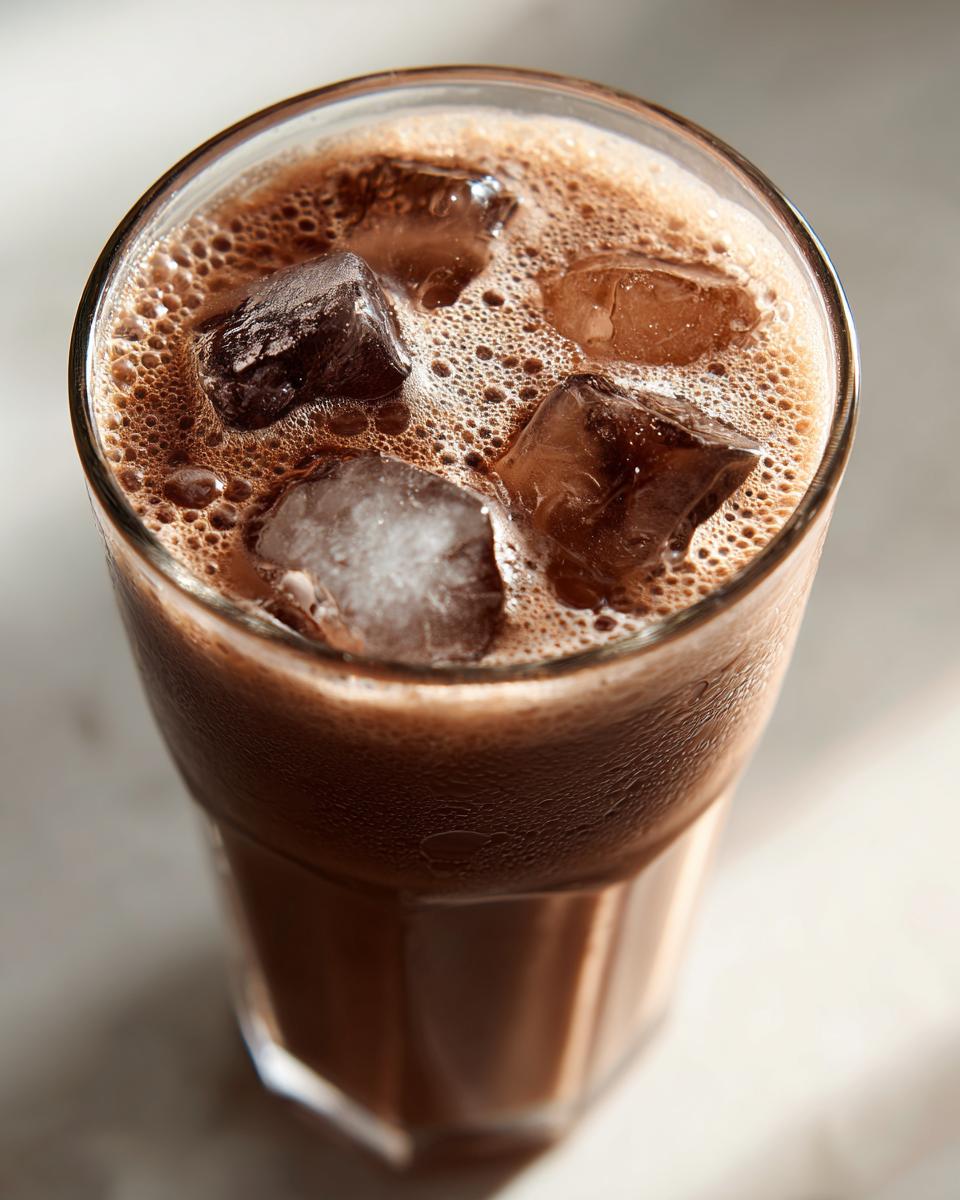 Close-up overhead view of a tall glass of iced chocolate milk with a foamy top and large ice cubes.
