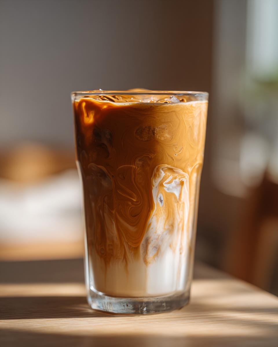 Close-up of an iced drink with swirling layers of brown coffee and white milk, resembling a peanut butter banana smoothie texture.