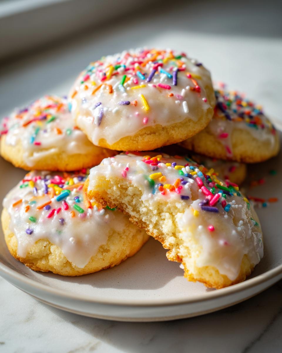 A stack of soft Italian ricotta cookies topped with white glaze and colorful rainbow sprinkles, one cookie is broken open.