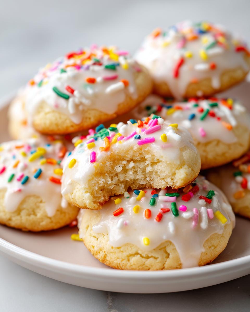 Close-up of soft Italian ricotta cookies topped with white glaze and colorful sprinkles, one cookie is bitten.