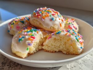 A plate of soft Italian ricotta cookies topped with white glaze and colorful sprinkles, one cookie is broken open.