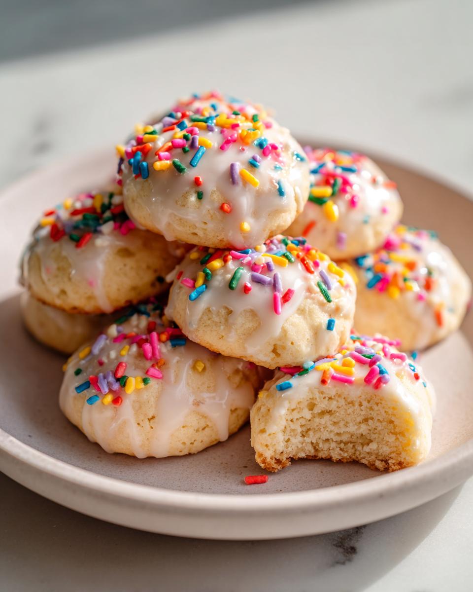 A stack of soft Italian ricotta cookies topped with white glaze and colorful rainbow sprinkles, one cookie has a bite taken out.