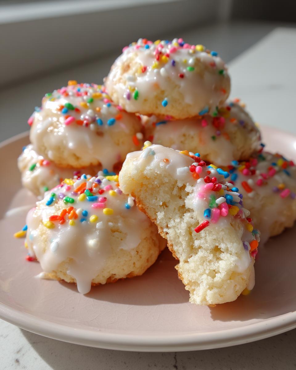 A stack of soft Italian ricotta cookies topped with white glaze and colorful sprinkles, one cookie is broken open.