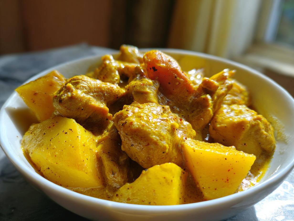 Close-up of tender chicken pieces and large potato chunks coated in thick, yellow sauce in a bowl of Jamaican Curry Chicken.