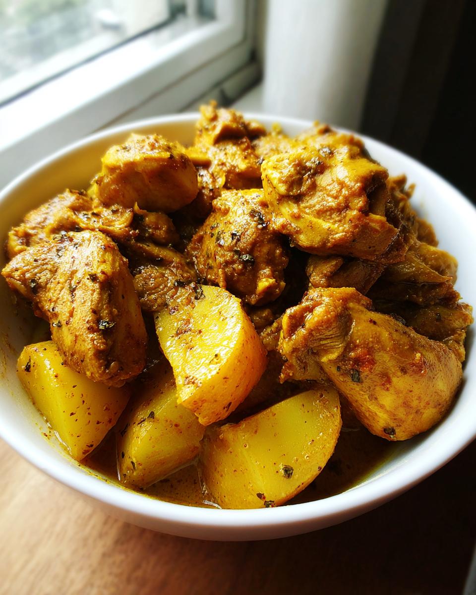 Close-up of tender pieces of Jamaican curry chicken mixed with large chunks of yellow potatoes in a white bowl.