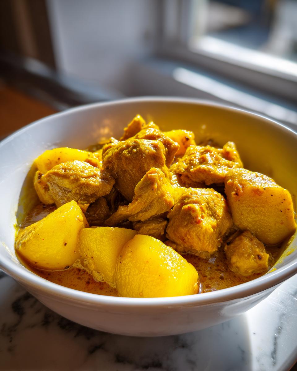 A close-up view of bright yellow Jamaican curry chicken pieces mixed with potatoes in a white bowl.