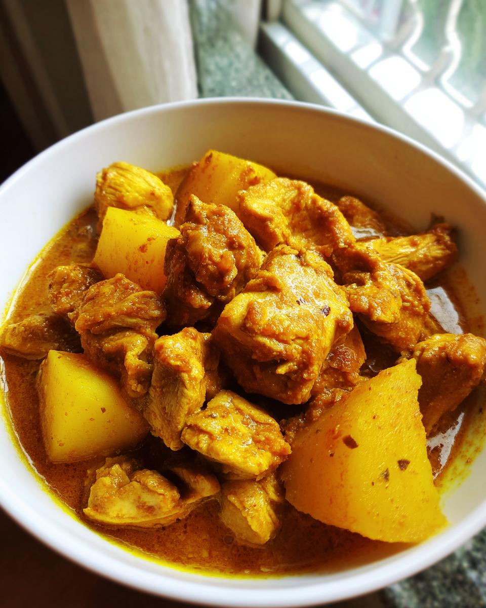 A close-up view of tender chicken pieces and large potato chunks simmering in a rich, yellow-orange sauce of Jamaican curry chicken.
