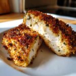 Two halves of a perfectly cooked caesar chicken breast showing moist white meat and a crispy, seasoned breadcrumb coating.