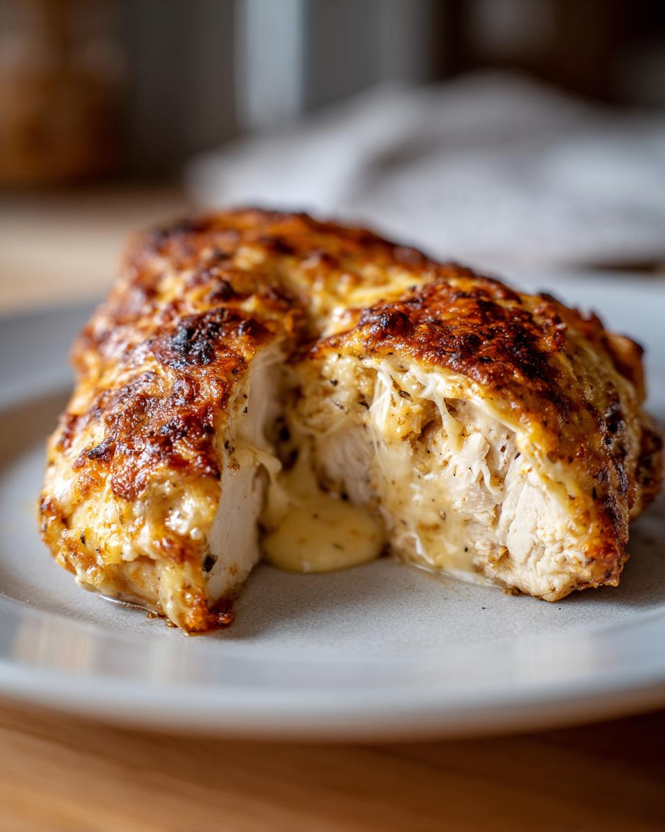 Close-up of a baked caesar chicken breast cut in half, showing melted cheese filling oozing out.