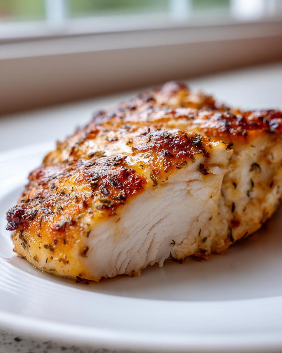 Close-up of a perfectly cooked piece of greek chicken breast, showing the moist white interior and seasoned, browned exterior.
