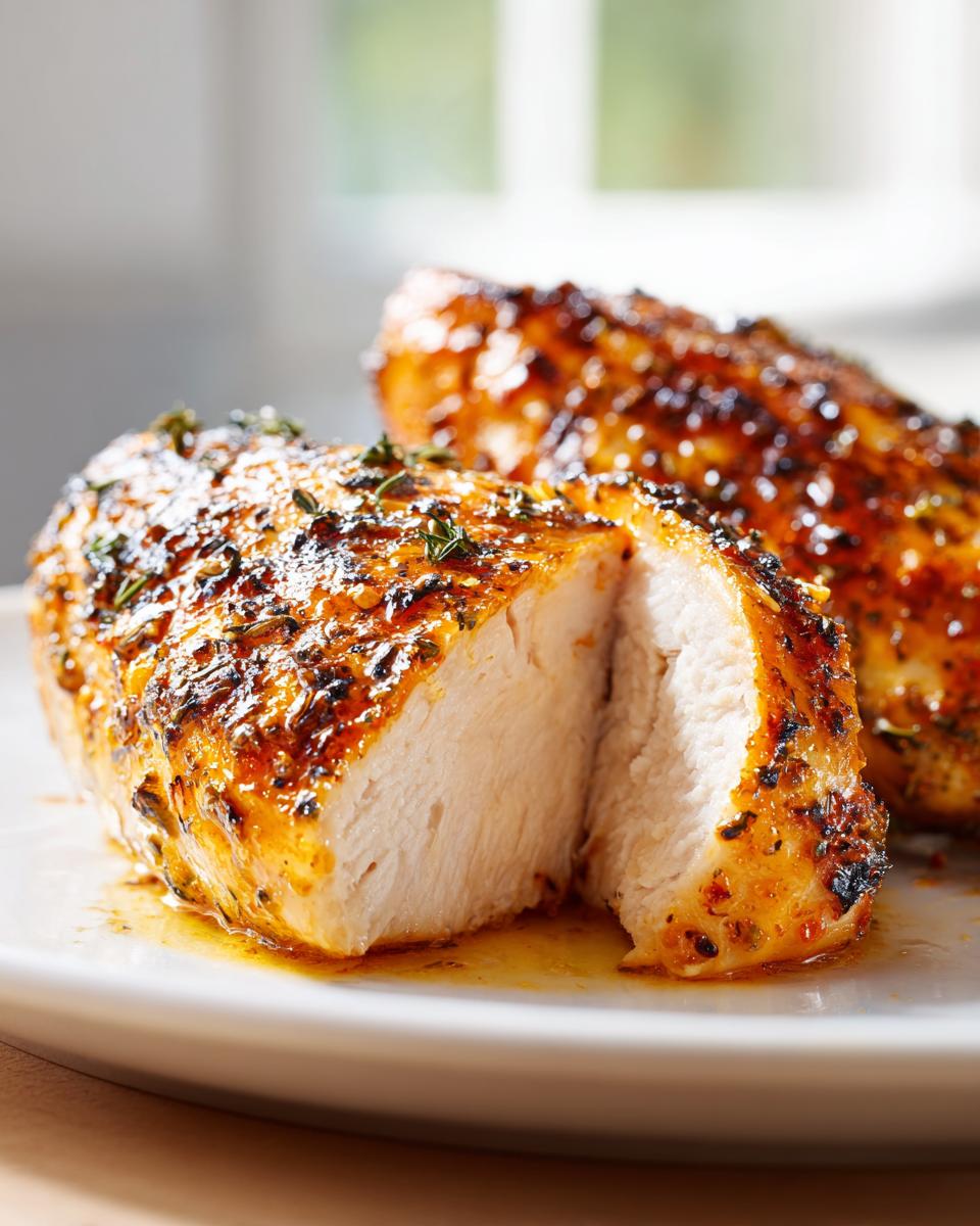 Close-up of perfectly cooked greek chicken breast, sliced to show moist white meat and savory herb crust.
