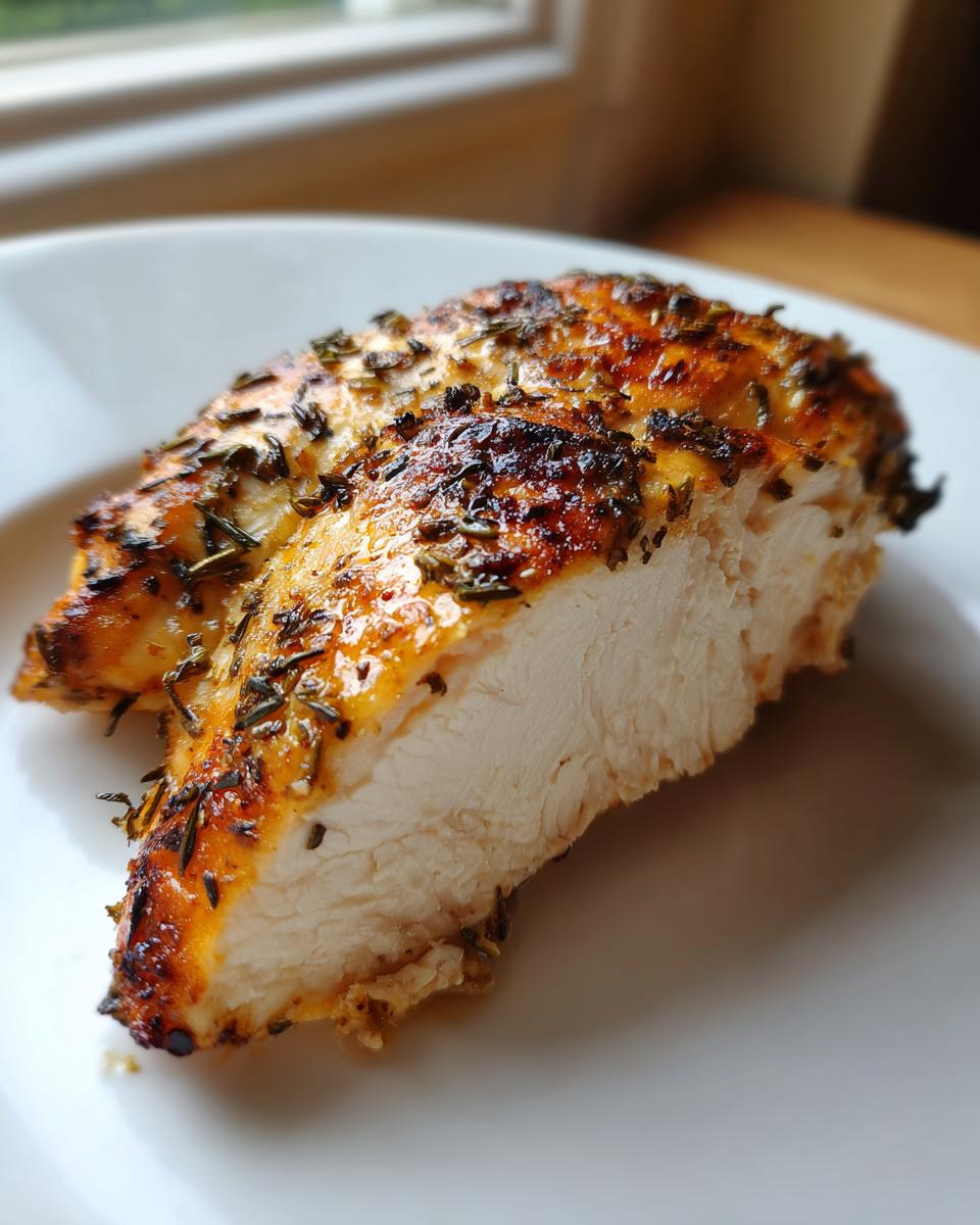 Close-up of a perfectly cooked slice of greek chicken breast showing juicy white meat and a golden, herb-crusted exterior.