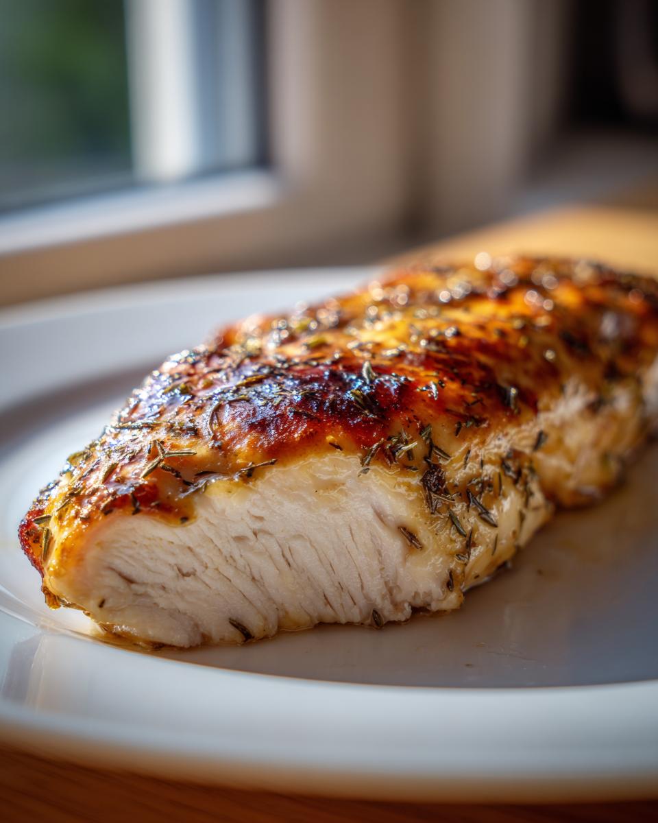 Close-up of a perfectly cooked slice of greek chicken breast showing moist white meat and a golden, herbed crust.