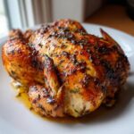 A perfectly cooked, juicy roasted chicken with crispy, herb-coated skin resting on a white plate.