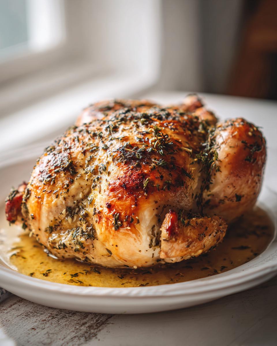 A beautifully golden brown roasted chicken, seasoned with herbs, resting in its juices on a white plate.