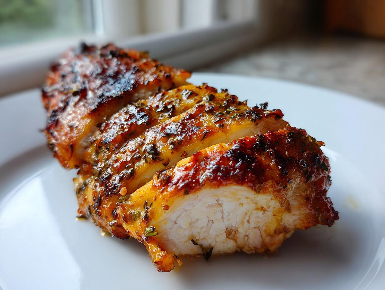 Close-up of sliced, juicy greek chicken breast with a golden, herbed, caramelized glaze on a white plate.