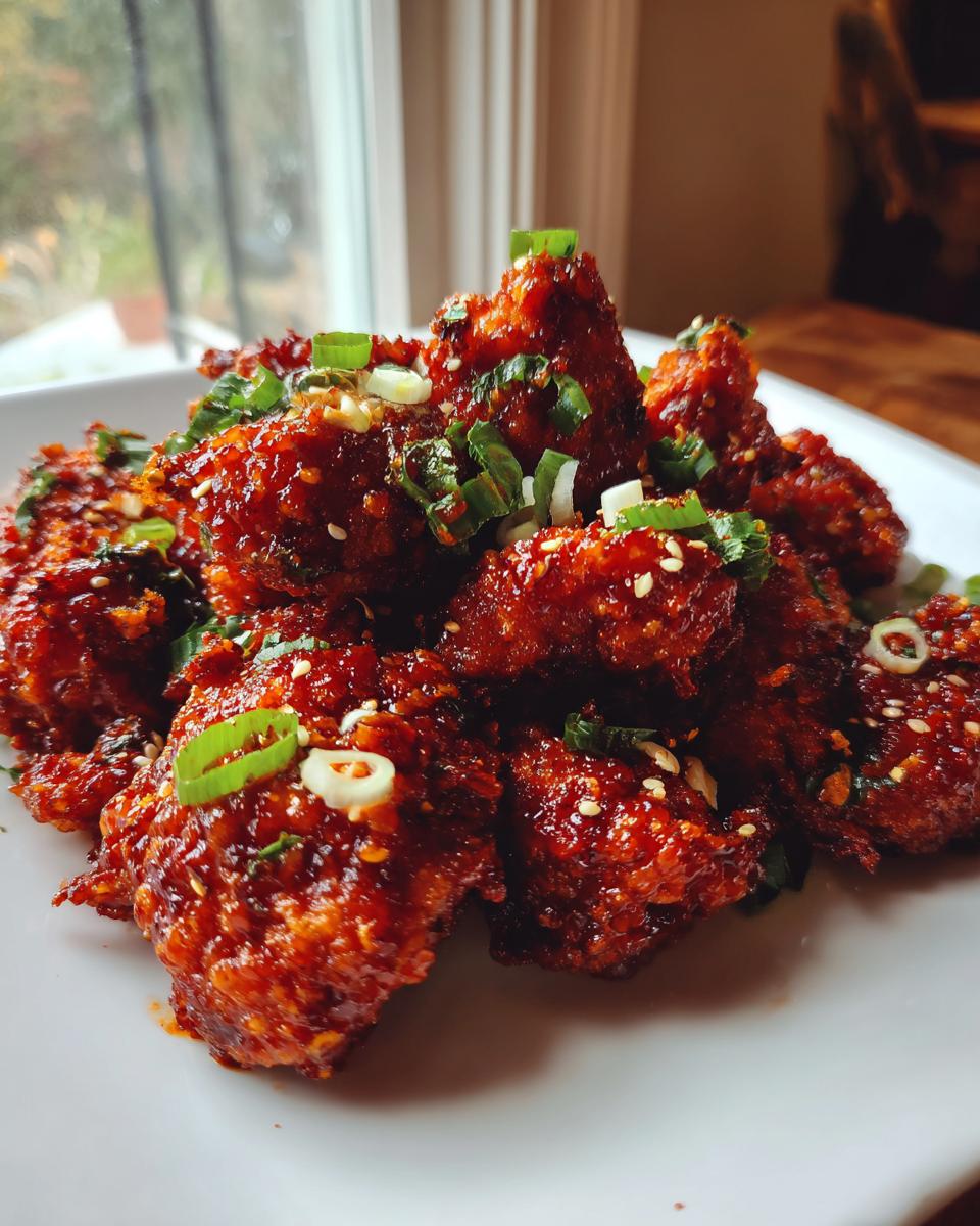 Close-up of glossy, deep-red korean fried chicken pieces topped with green onions and sesame seeds.