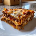 A tempting slice of layered lasagna, likely representing the meat filling in a Mexican pizza recipe.