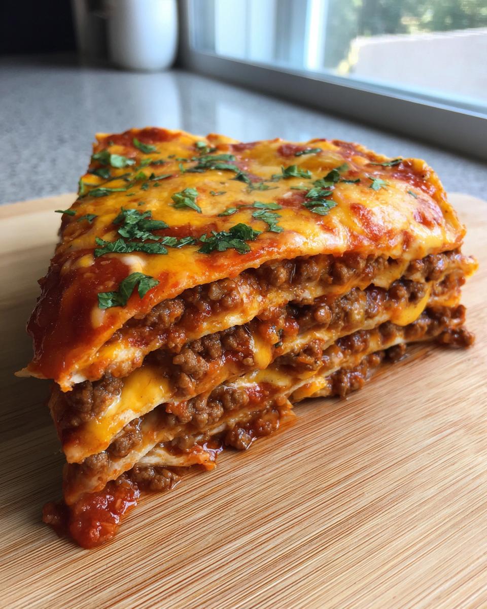 A thick, layered slice of Mexican pizza featuring ground meat, melted cheese, and sauce, garnished with cilantro.