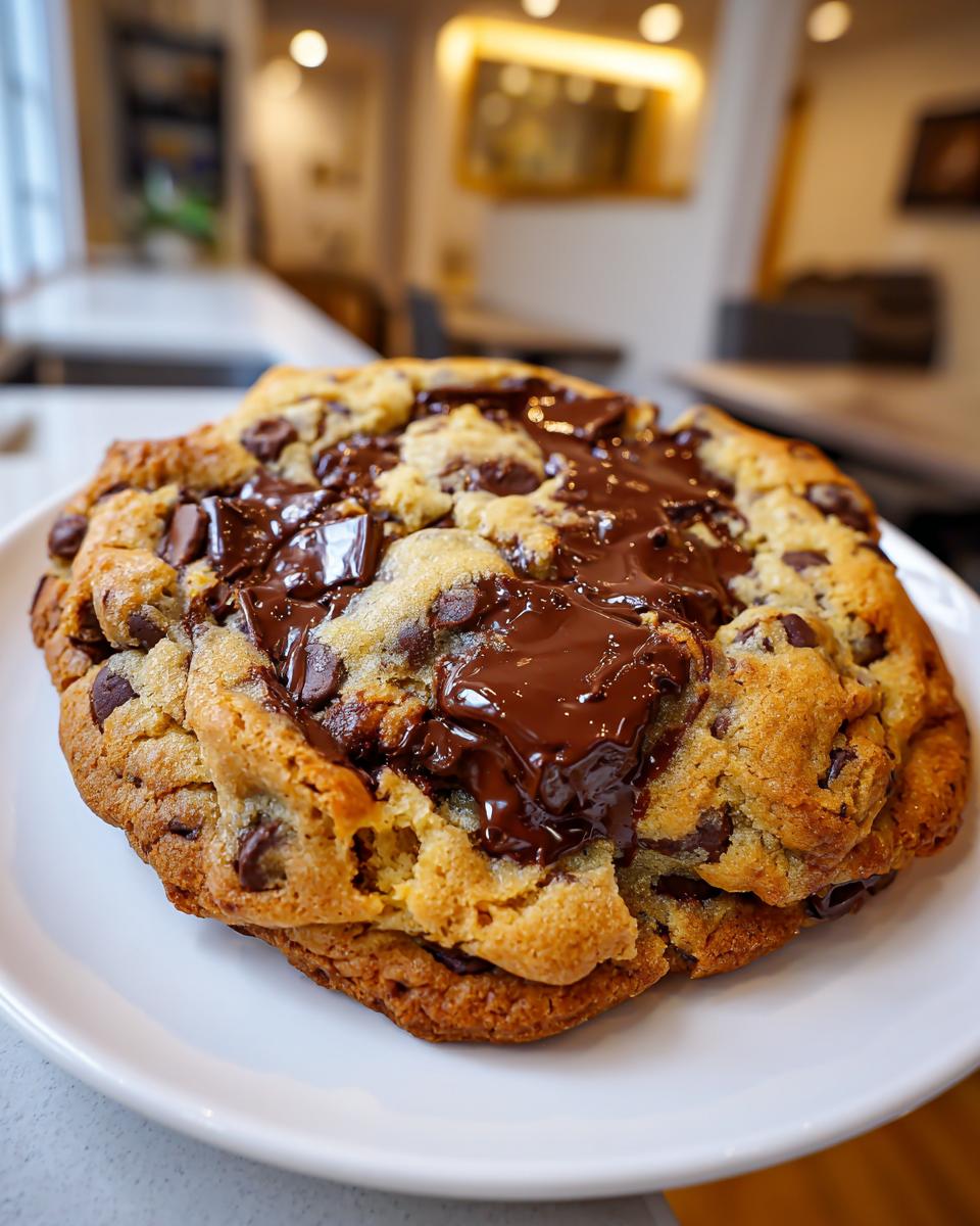 Close-up of a thick, gooey levain bakery chocolate chip cookie with melted chocolate pools on top, served on a white plate.